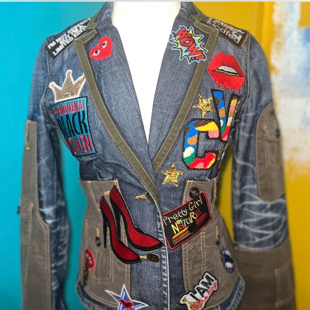 Moschino Denim Blazer with Colorful Patches
